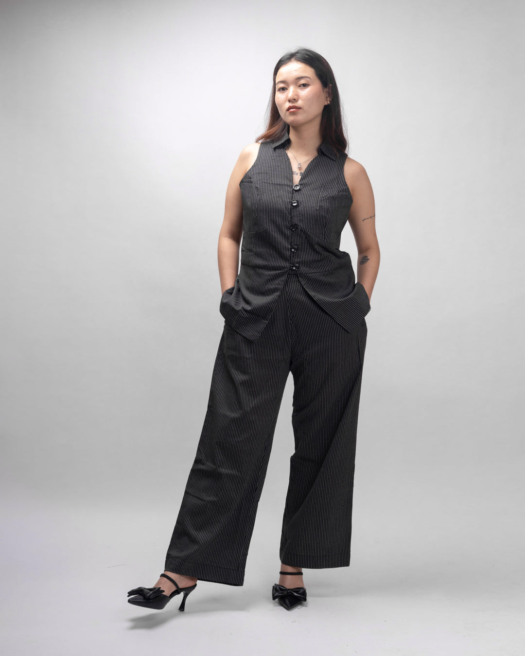 Black Dash Pinstripe Muse Sleeveless Vest Co-ord Set