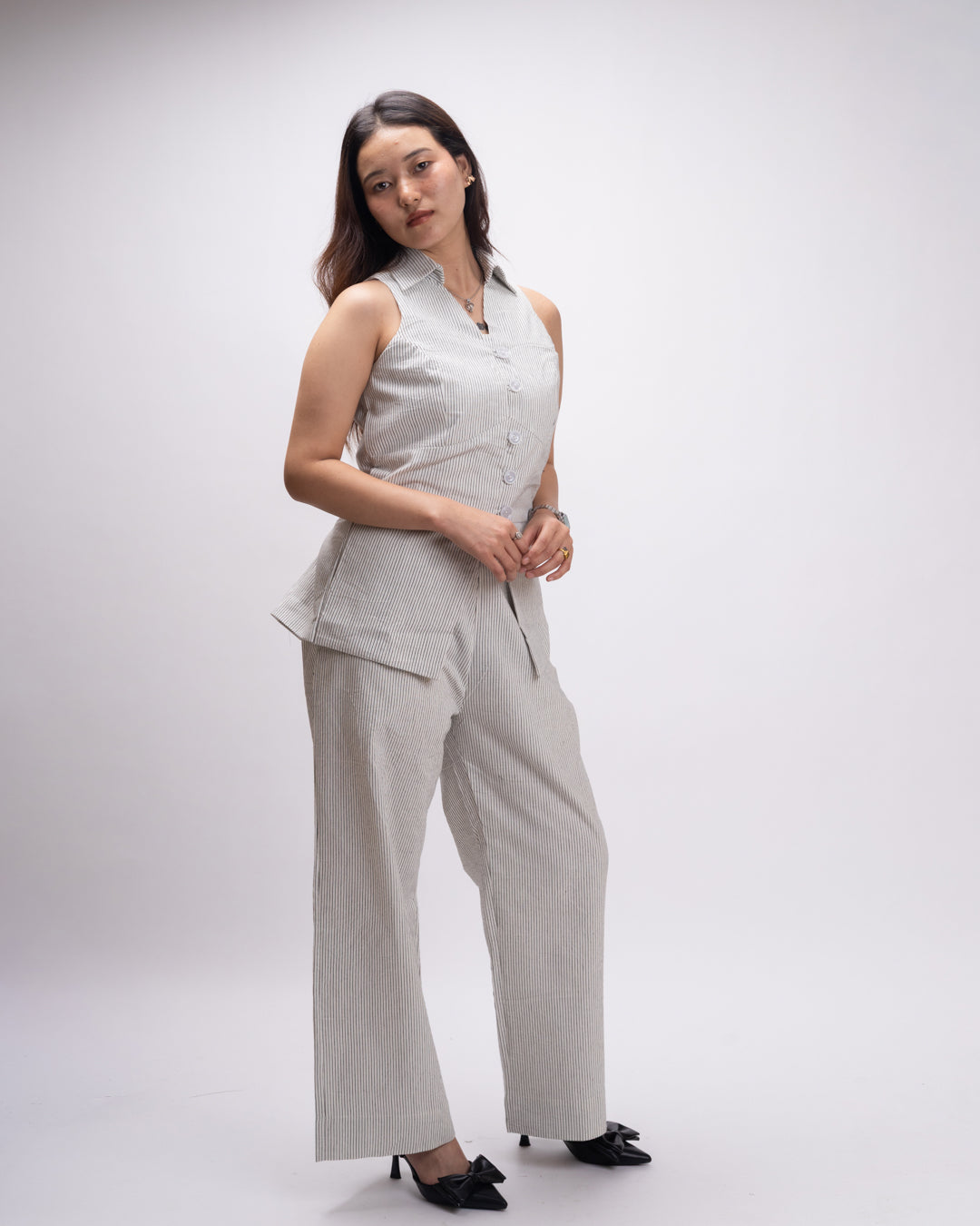 White Pinstripe Muse Sleeveless Vest Co-ord Set