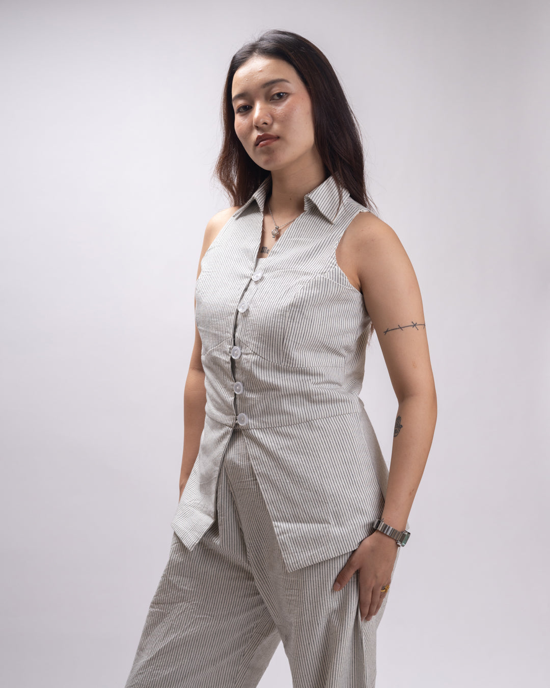 White Pinstripe Muse Sleeveless Vest Co-ord Set