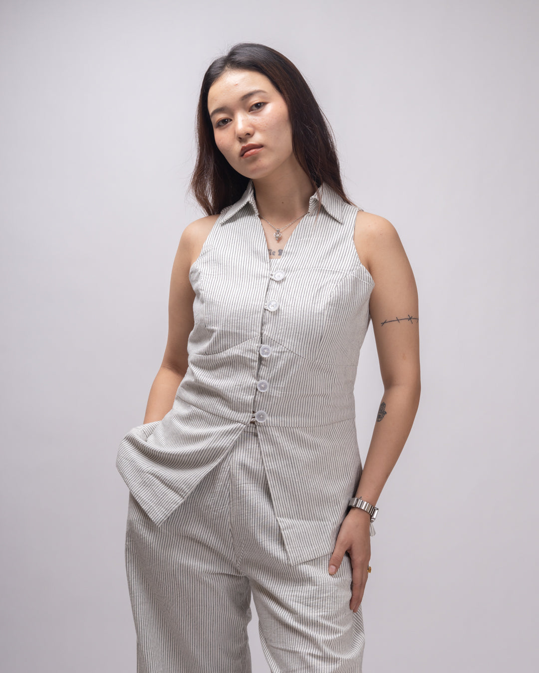 White Pinstripe Muse Sleeveless Vest Co-ord Set