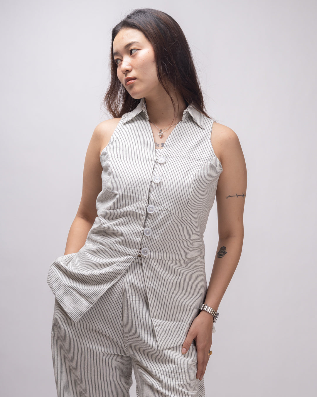 White Pinstripe Muse Sleeveless Vest Co-ord Set