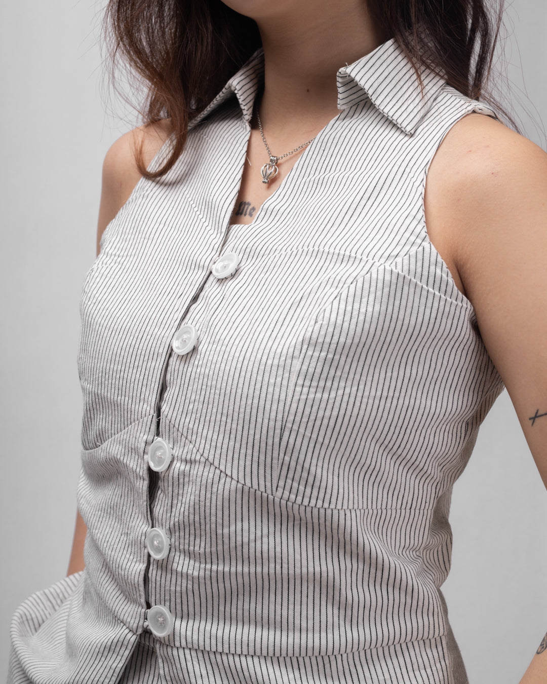 White Pinstripe Muse Sleeveless Vest Co-ord Set