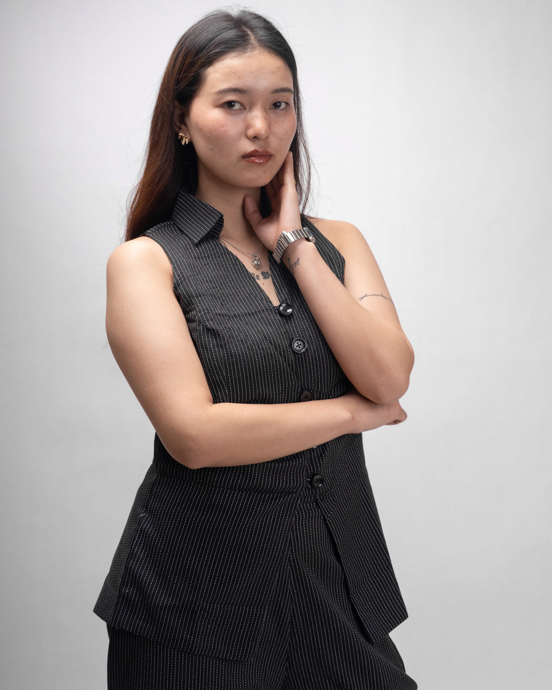 Black Dash Pinstripe Muse Sleeveless Vest Co-ord Set
